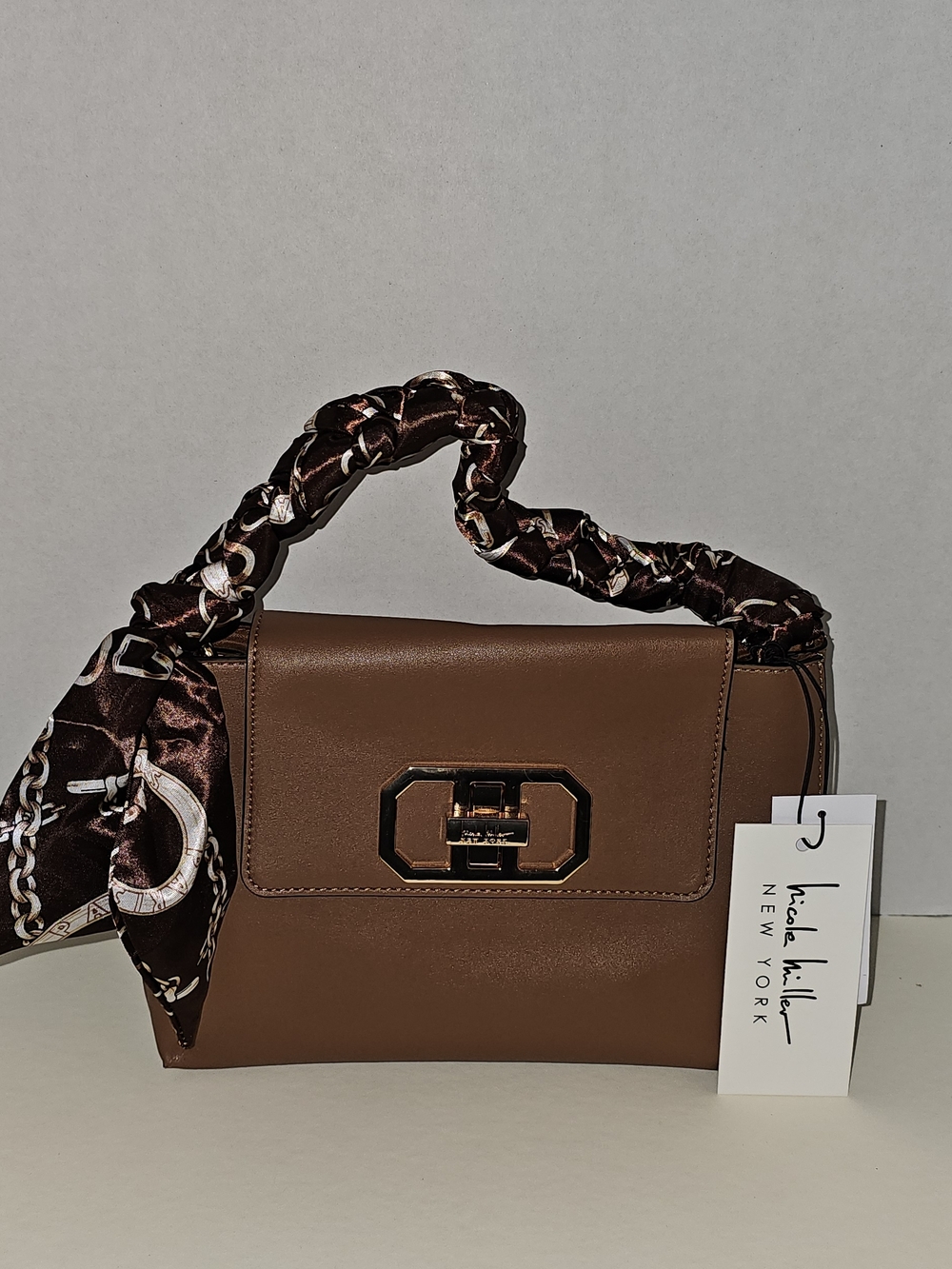 Nicole Miller Tan Shoulder Bag with Patterned Scarf Handle